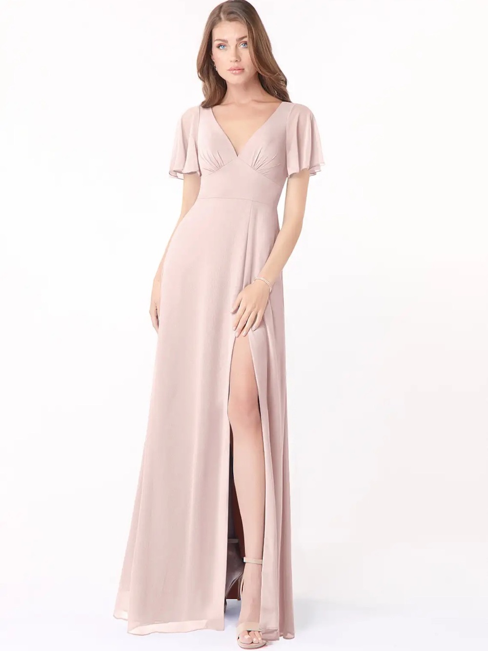 Azazie Blush V-Neck Maxi Dress with Flutter Sleeves and High Slit